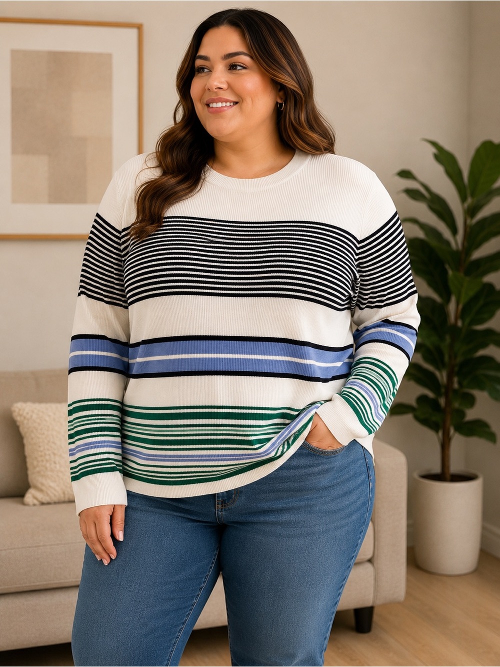 Nine West NWT Ribbed Striped Sweater XXL Crew Neck Blue Green